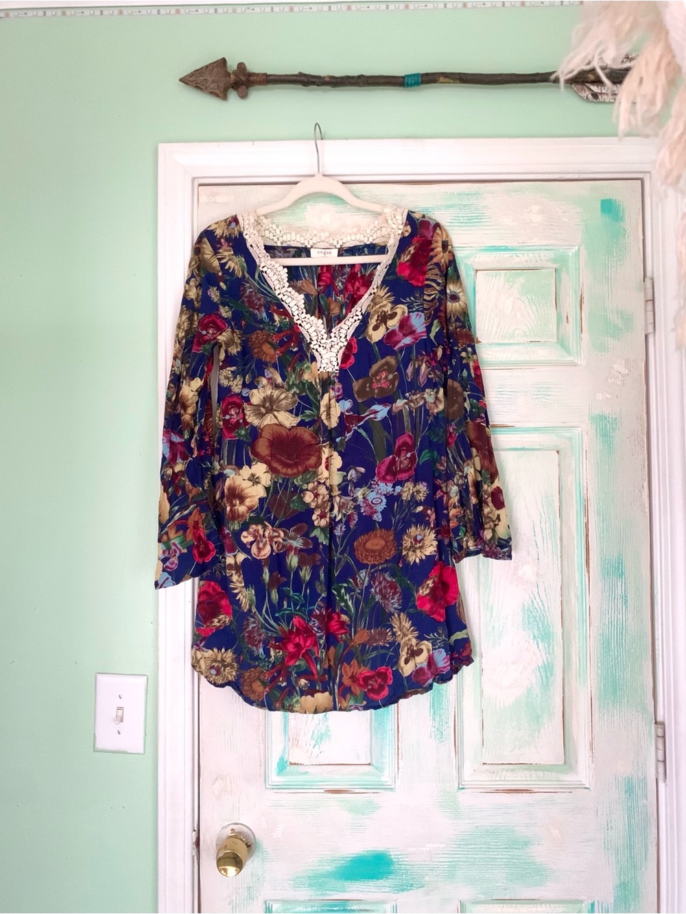 Umgee Navy Blue Floral Bell Sleeve Crotchet Trim Tunic/Dress